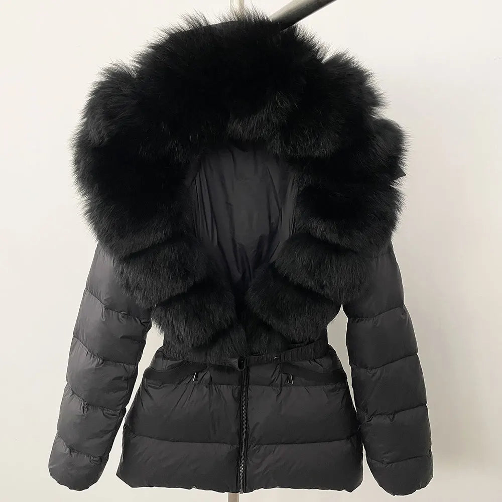 OFTBUY 2024 veste d'hiver femmes naturel réel raton laveur col de fourrure de renard à capuche blanc canard vers le bas manteau ceinture épais chaud vêtements d'extérieur décontractés