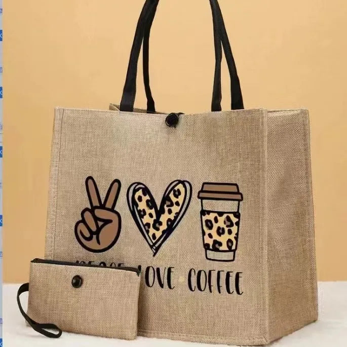 Sac fourre-tout en lin 2 pièces, sac à main en toile de grande capacité, sacs de Shopping, sac de maquillage, porte-monnaie pour mariage, cadeau d'anniversaire, vacances à la plage