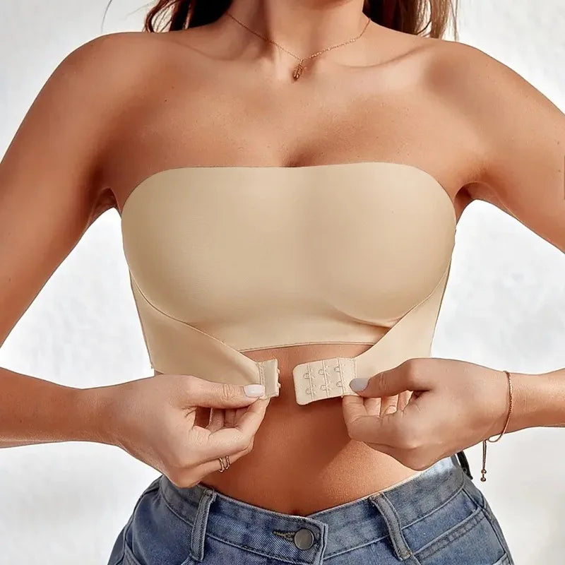 Soutien-gorge sans bretelles pour femmes, Sexy, sans couture, sans rembourrage, bouton avant, confortable, lisse, demi-tasse, sous-vêtements antidérapants en Silicone