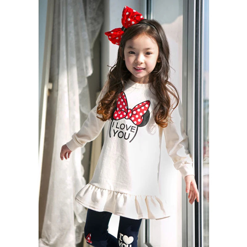 Ensemble de vêtements pour enfants printemps-automne, chemise + Leggings en coton à manches longues avec nœud papillon de dessin animé, costume 2 pièces pour filles de 3 à 8 ans, tenue décontractée