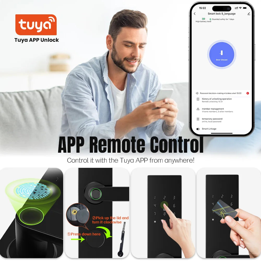 Tuya – serrure de porte intelligente Wifi à empreintes digitales, électronique numérique, carte IC, mot de passe, clé, déverrouillage à distance par application, fonctionne avec Aleax