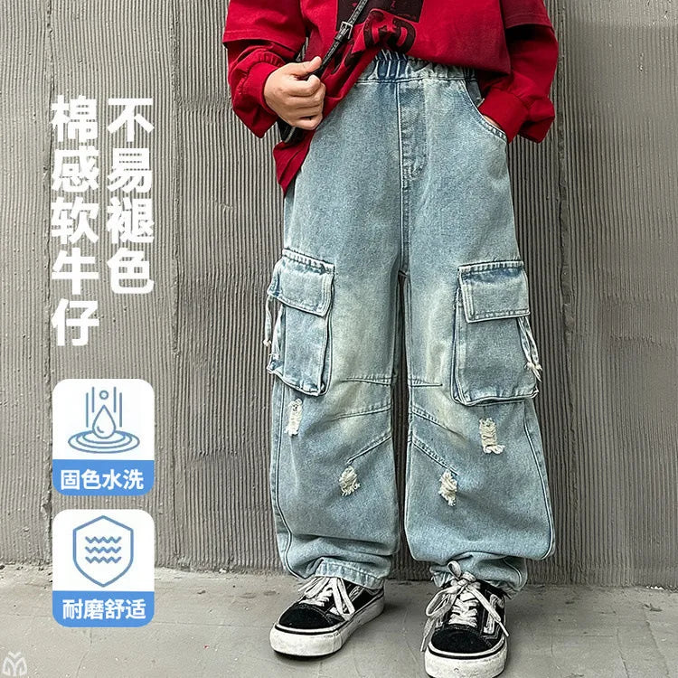 Adolescents garçons Hip Hop Streetwear vêtements de travail jean printemps automne 2025 nouveau Style enfants beau à la mode déchiré pantalon à jambes larges