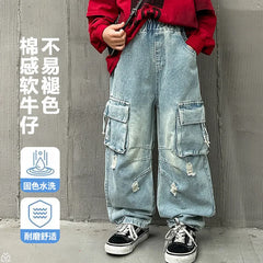Adolescents garçons Hip Hop Streetwear vêtements de travail jean printemps automne 2025 nouveau Style enfants beau à la mode déchiré pantalon à jambes larges