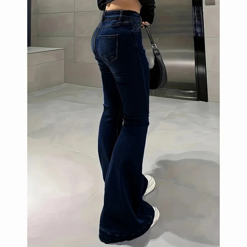 Girls' high-waisted flared jeans, stretch denim pants, bootcut fit, solid color, narrow bell leg, 2025