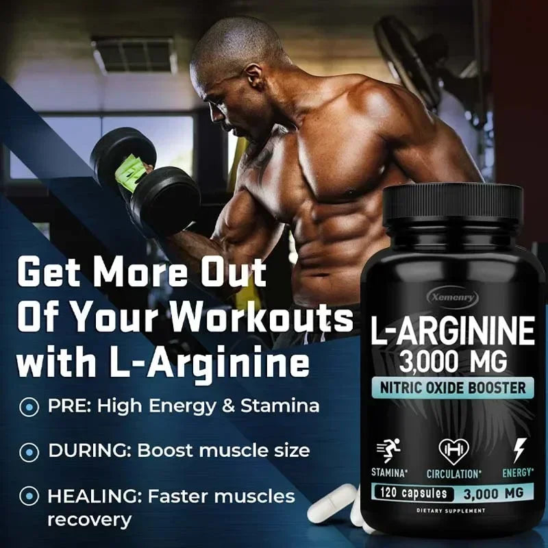 Capsules L-Arginine – Améliore l'énergie, l'endurance, les performances, soutient la croissance musculaire, améliore la circulation sanguine, le système immunitaire