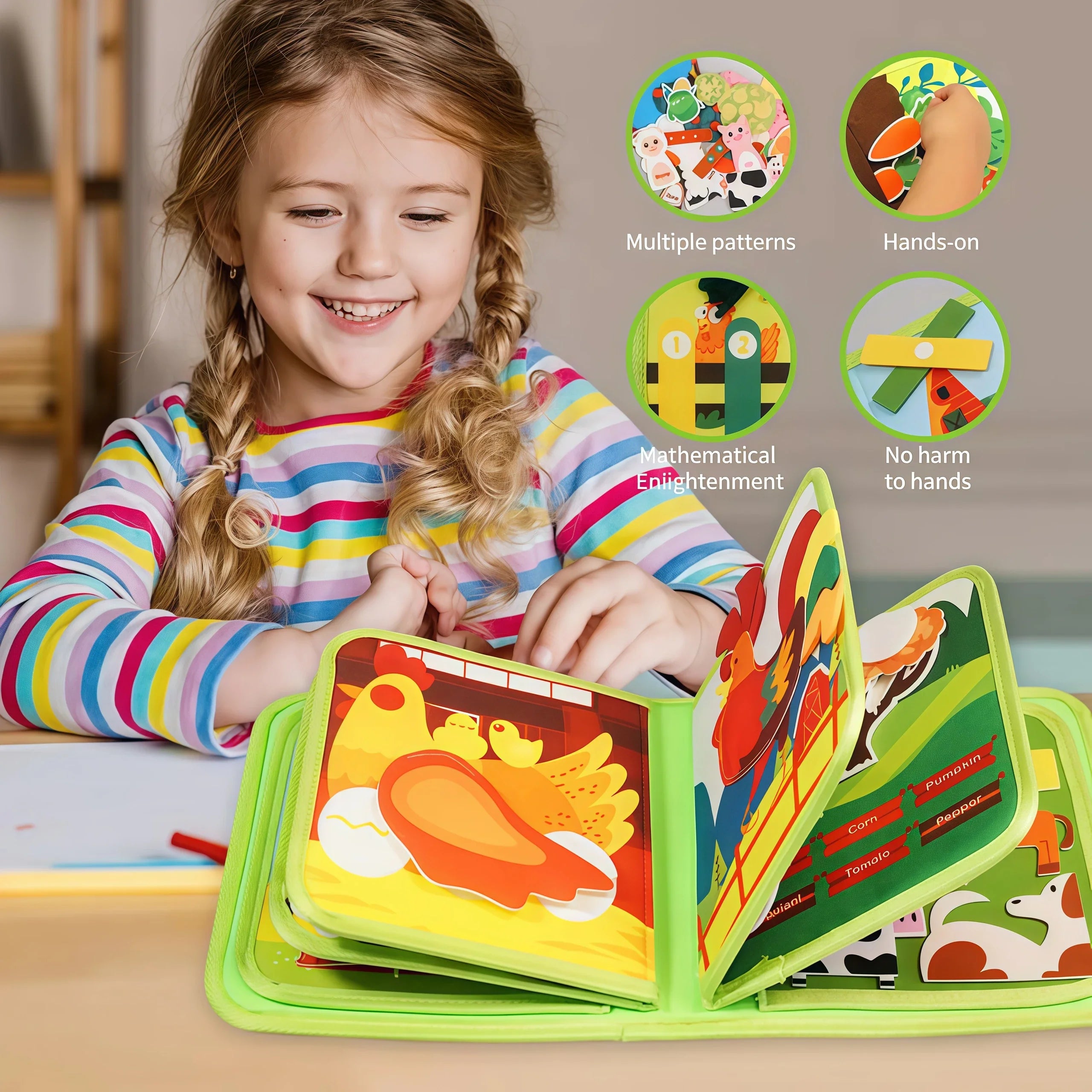 Livre silencieux Montessori – Jouet d'activité pour animaux de ferme avec conte pour les tout-petits, apprentissage précoce des motricité fine