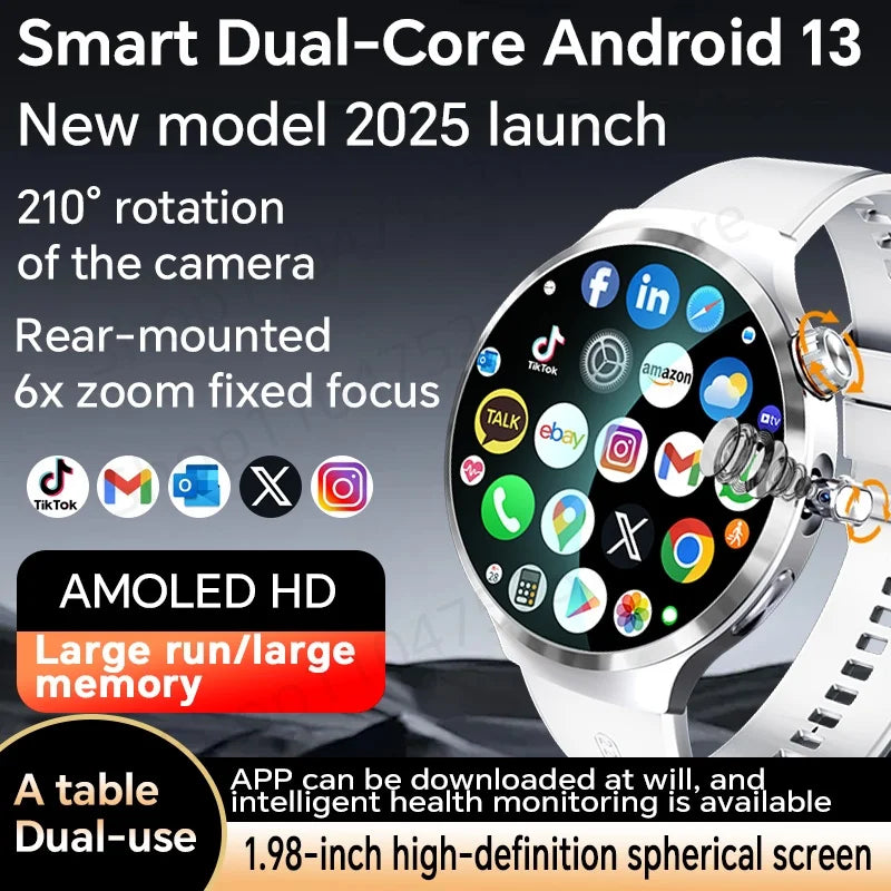 Smartwatch avec grand écran Amoled 1,98 pouces 210 °   Caméra rotative GPS Position surveillance de la santé Android 13.0 montre intelligente hommes