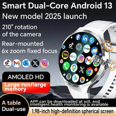 Smartwatch avec grand écran Amoled 1,98 pouces 210 °   Caméra rotative GPS Position surveillance de la santé Android 13.0 montre intelligente hommes