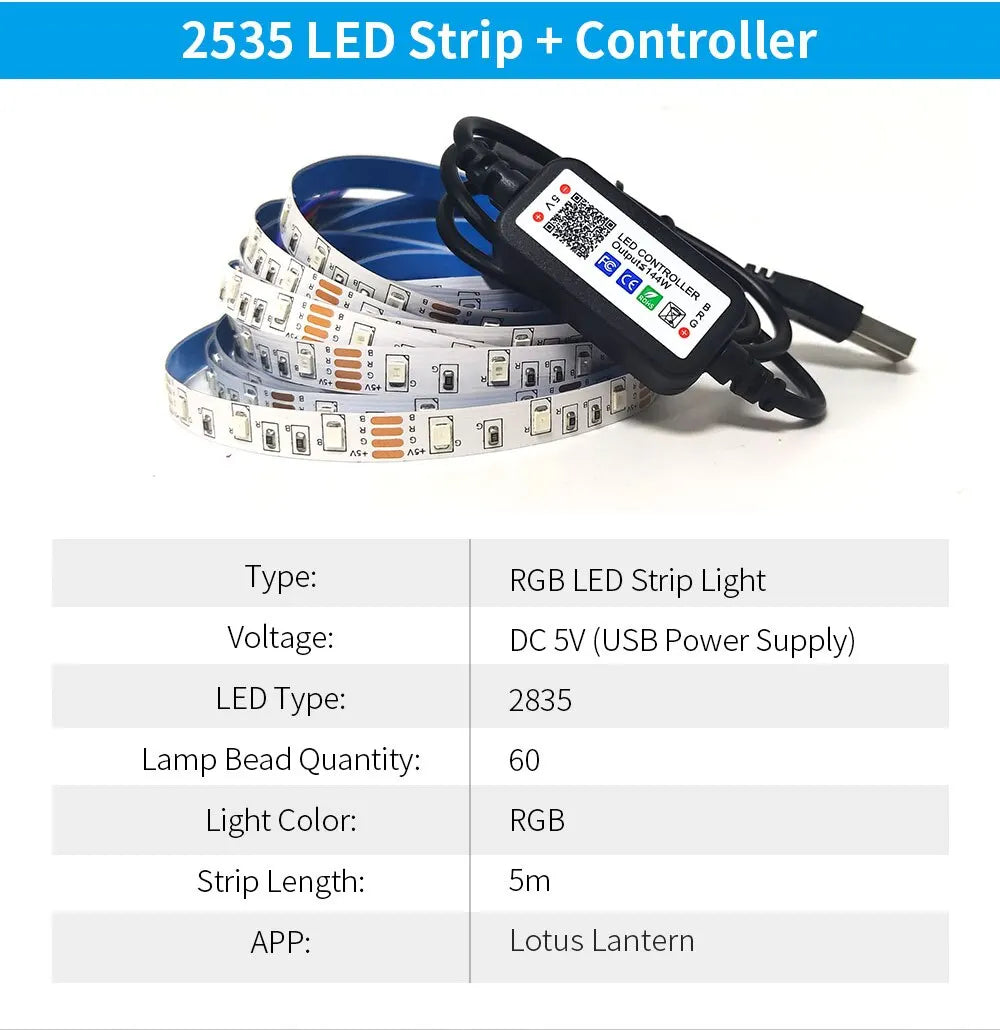 5M USB Led Bande Lumières RGB 2835 60 LED Bluetooth APP Contrôle Luces Led Flexible Diode Décoration Pour Salon Lampe Ruban