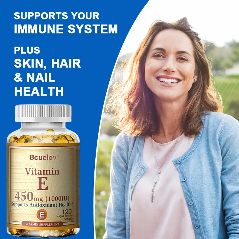 Bcuelov Vitamine E 1000 IU 450mg - pour la peau, les cheveux, la santé circulataire, le support du système immunitaire - supplément antioxydant