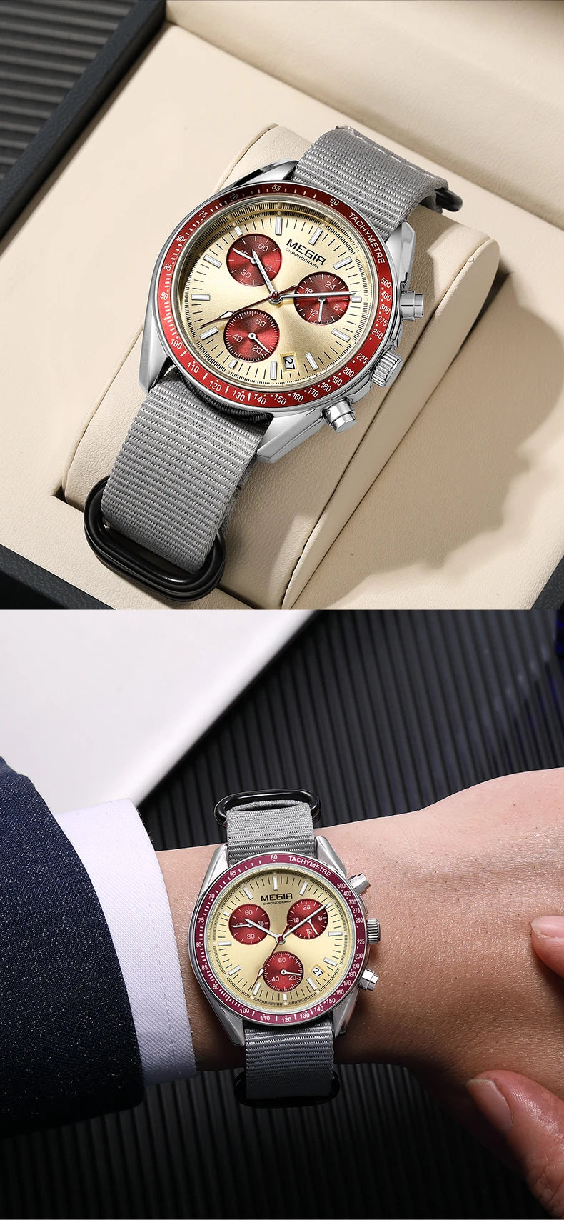 MEGIR montre à Quartz à trois yeux pour hommes bracelet tressé en Nylon étanche sport lumineux avec chronographe montre-bracelet de mode homme
