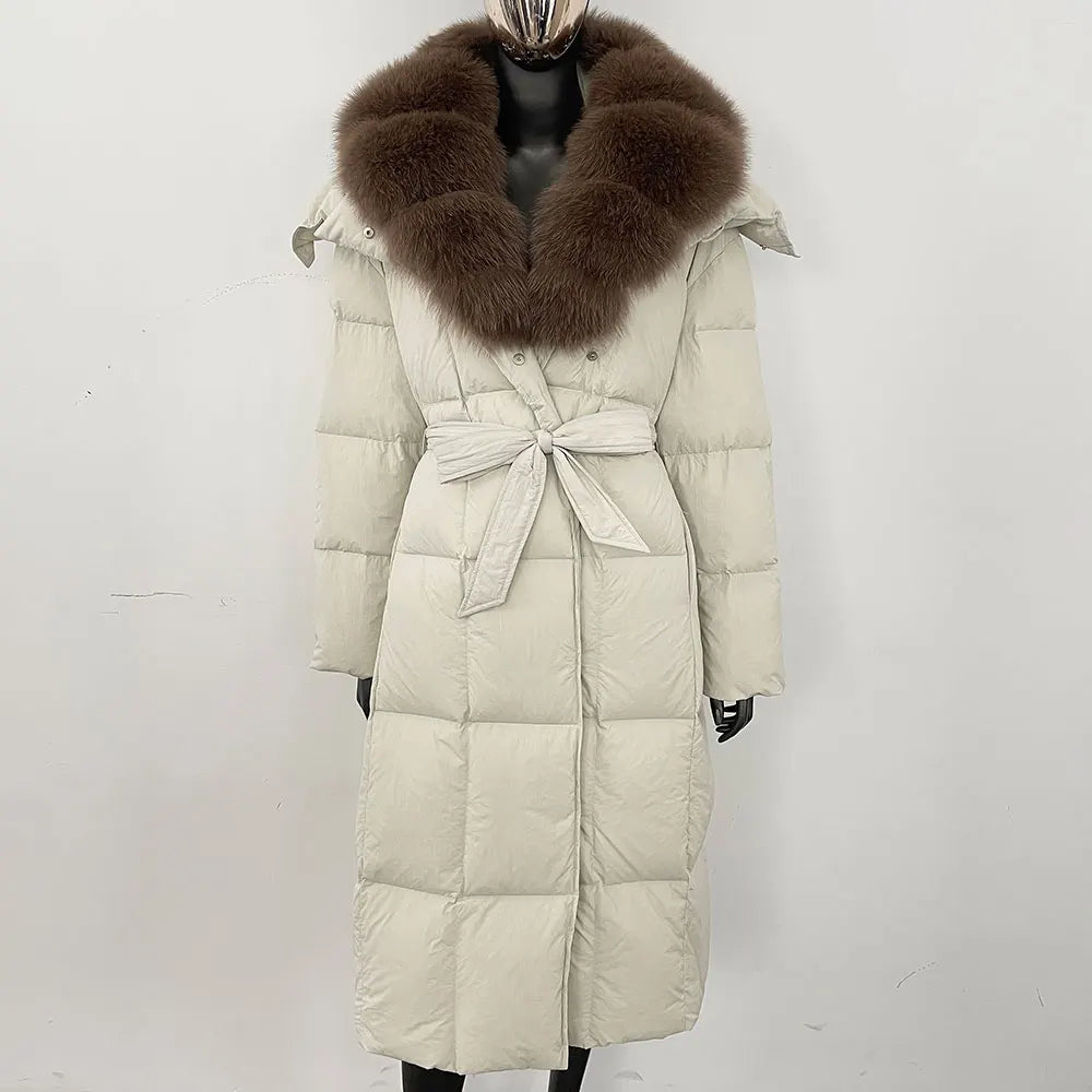 Veste d'hiver chaude et élégante pour femme, avec ceinture à capuche, simple boutonnage, col en vraie fourrure de renard, manteau épais et ample en duvet de canard blanc