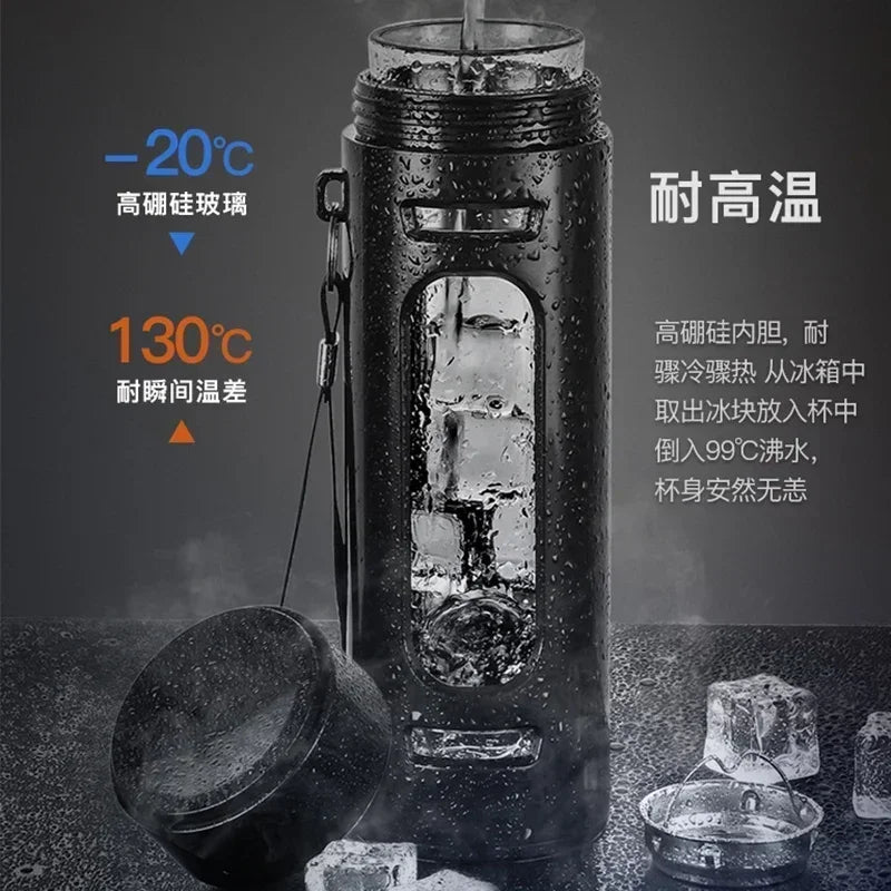 400, 600, 800, 1000ml glass bottle/cup with filter cord, plastic case, glass cup, water bottle, business gift, black/blue