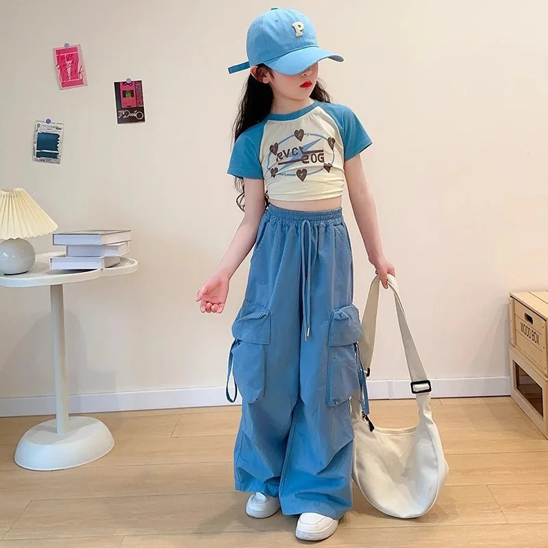 Girls' cargo pants, straight-leg spring pants with pockets, fashionable loose-fitting pants for teenagers aged 5 to 14