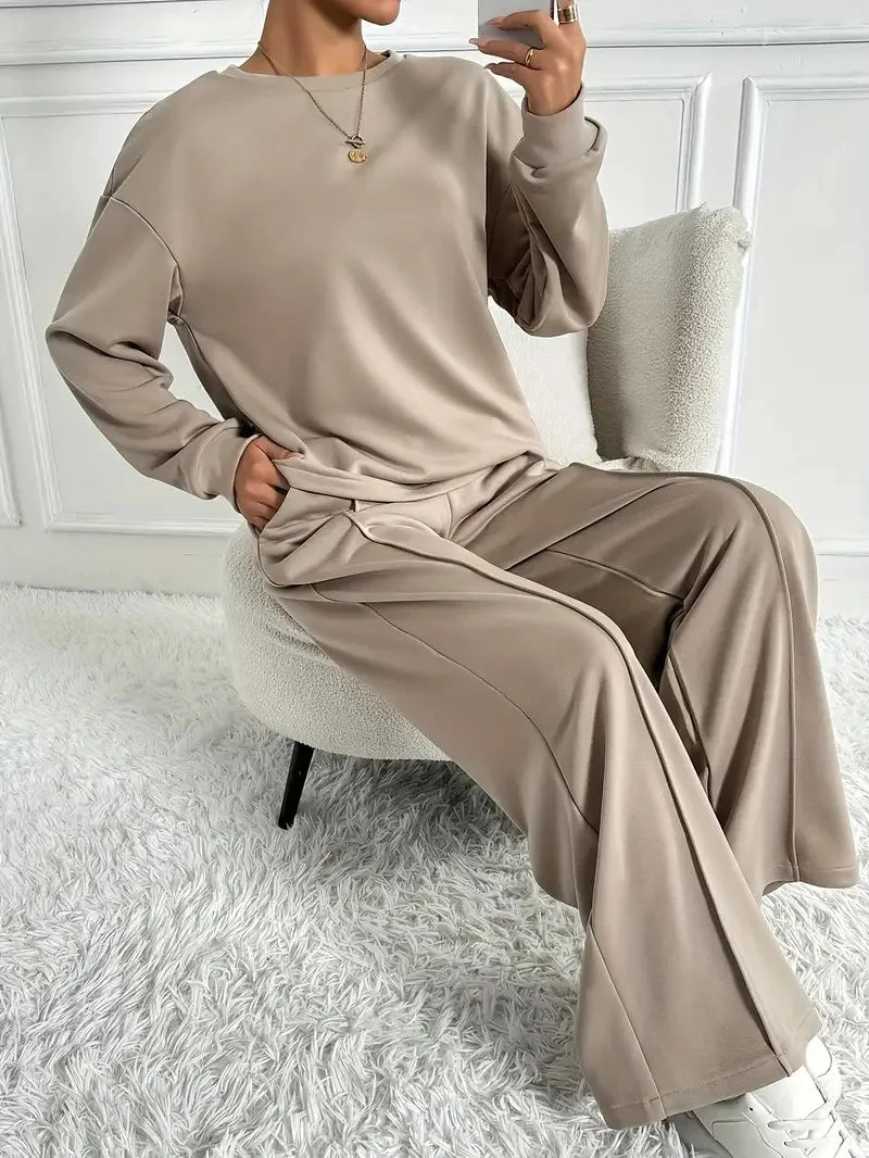 Ensemble deux pièces pour femmes, décontracté, col rond, manches longues, sweat-shirt, pantalon à jambes larges, costumes automne hiver, mode dames, tenue de bureau