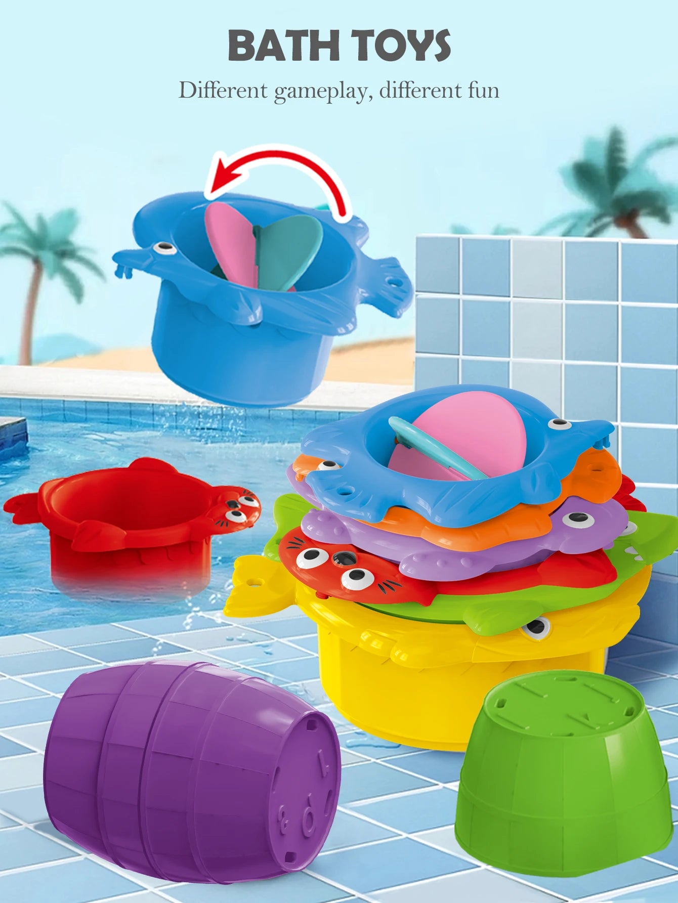 Jouets de bain pour bébé, tasse empilable, jouet pour tout-petits, couleurs aléatoires, tour empilable océan, baignoire, eau, plage, jeu de salle de bain, cadeaux