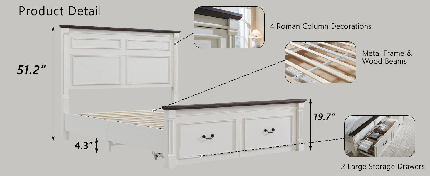 Cadre de lit queen size Farmhouse, avec tête de lit de 51 po de hauteur, cadre de lit en bois avec pied de lit de 20 po de hauteur et 2 grands tiroirs de rangement