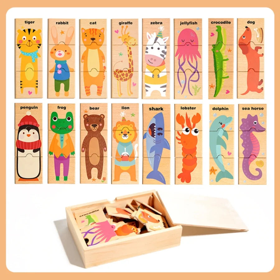 Puzzle assorti en forme d'animal de dessin animé pour enfants, planche de puzzle de cognition de mots anglais pour l'éducation précoce des bébés, jouet en bois