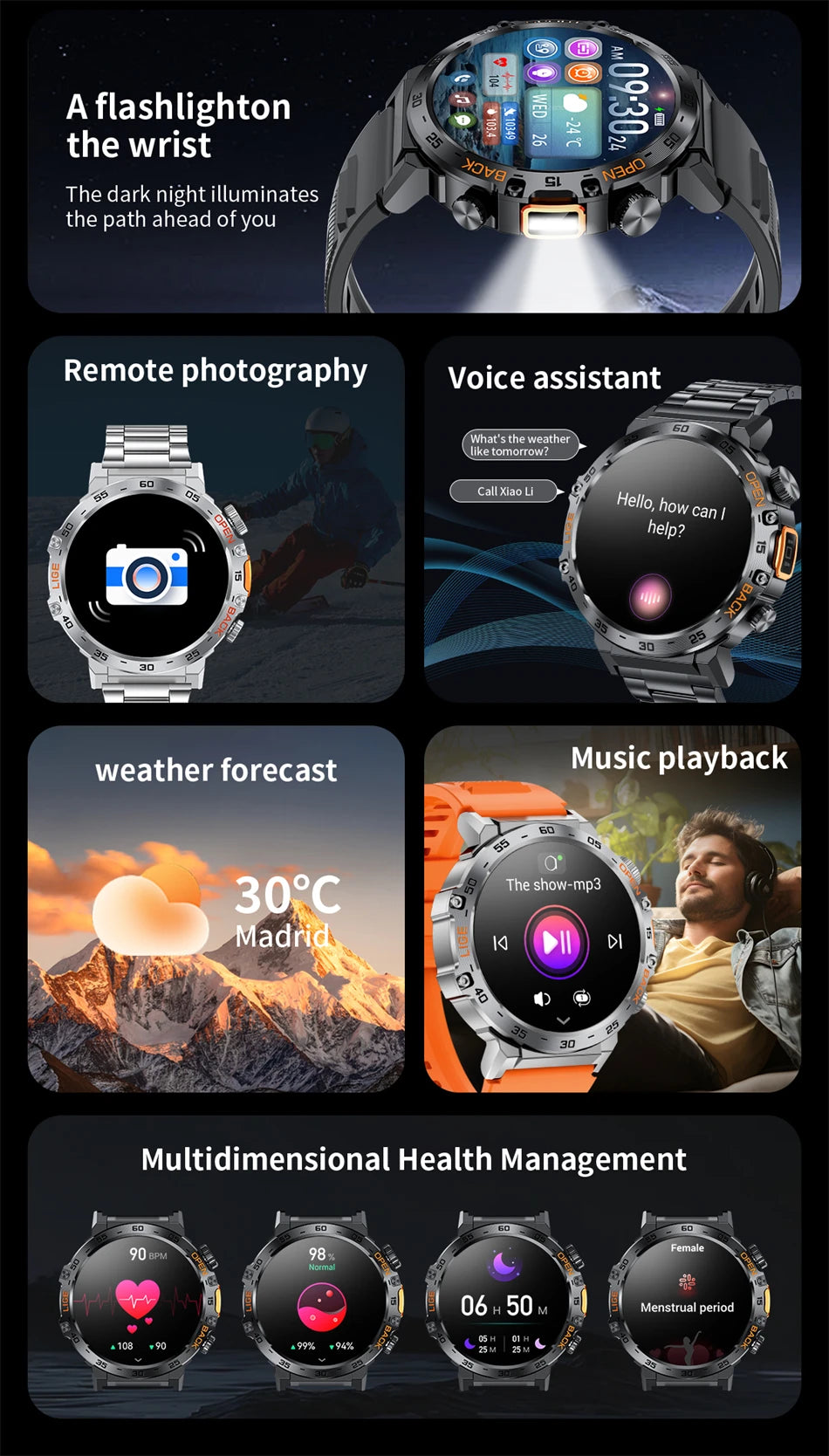 LIGE 2025 montre intelligente hommes Sport montres lampe de poche LED 360*360 Ultra HD écran étanche Fitness Bluetooth appel hommes Smartwatch