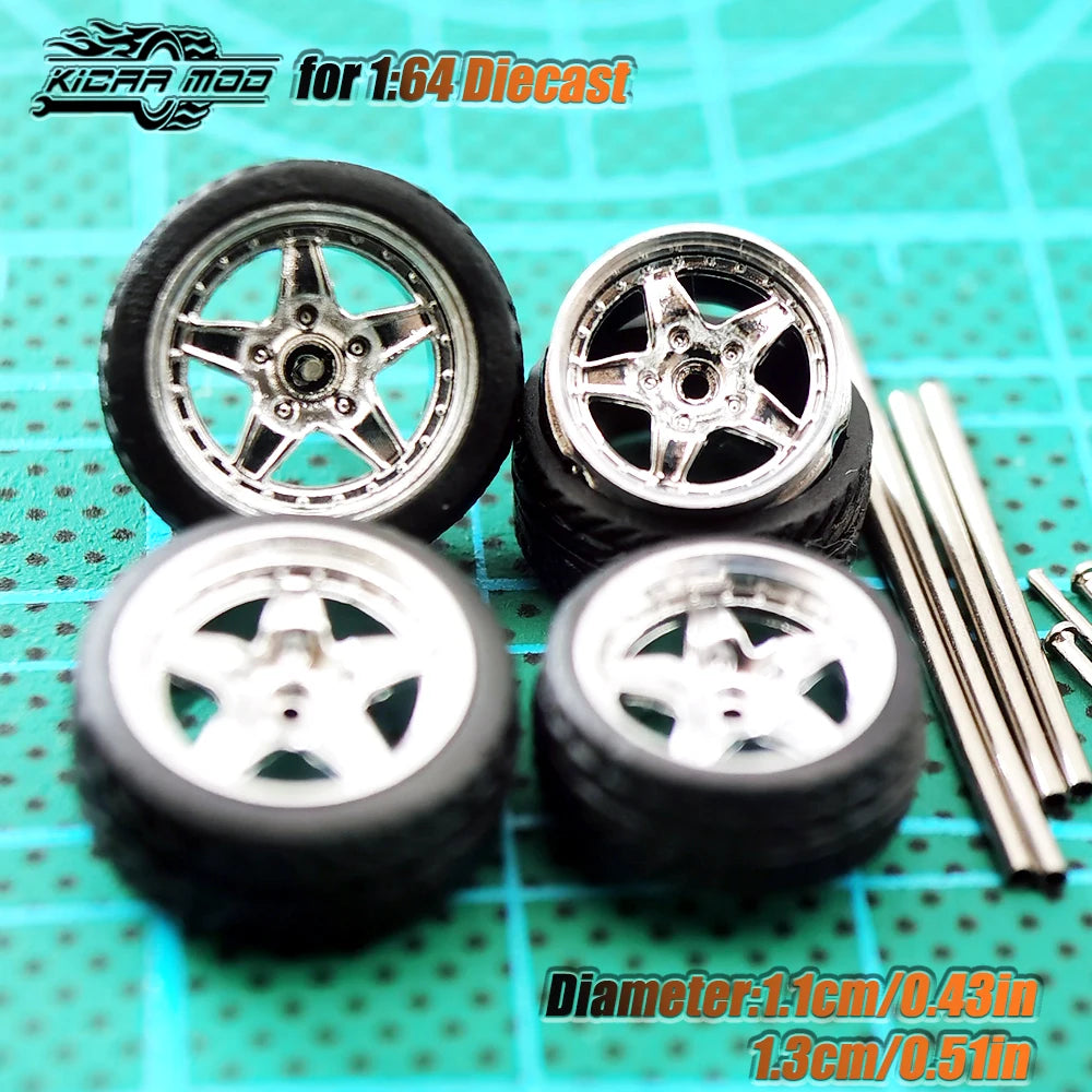 KicarHapp1/64-Jantes Métalliques ABS avec Caoutchouc pour Voiture Miniature, Pièces de Réaménagement Avant, Petite et Arrière