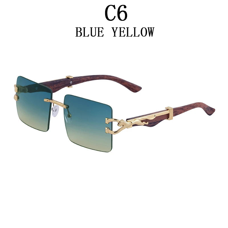 Frameless square wooden sunglasses for men and women, vintage, fashionable, luxury, retro, 2023