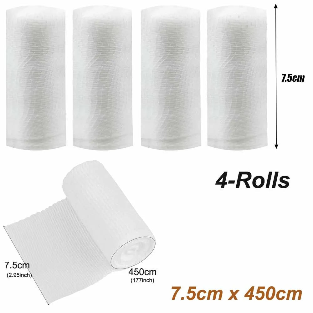 Rouleau de bandage de gaze avec ruban adhésif, 4 rouleaux, enveloppe de gaze blanche, enveloppement de gaze respirant, utilisé pour les premiers secours, les soins et les fournitures des plaies