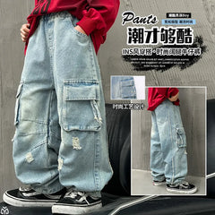 Adolescents garçons Hip Hop Streetwear vêtements de travail jean printemps automne 2025 nouveau Style enfants beau à la mode déchiré pantalon à jambes larges