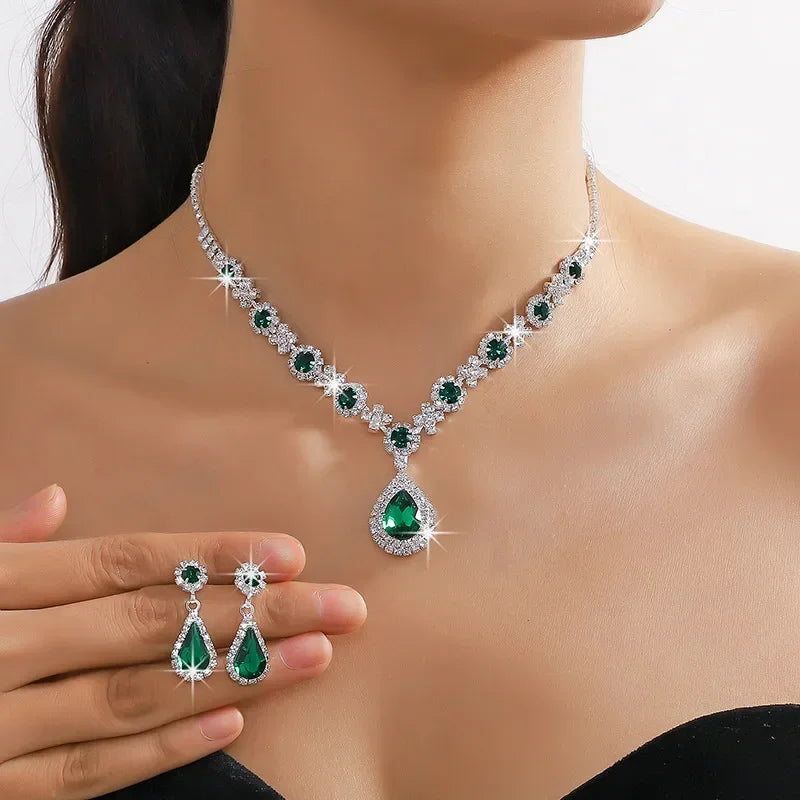 Ensemble de Bijoux Élégants en Forme de Goutte d'Eau pour Femme, Pendentif en Strass, Collier, Boucles d'Oreilles, pour Robe de Mariée, Patients, 2 Pièces/Ensemble