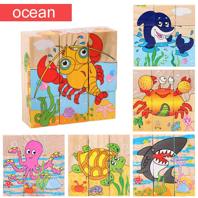 Puzzle en bois peint sur Six côtés, blocs de construction d'animaux de la circulation tridimensionnels, jouets d'éducation précoce Montessori TMZ