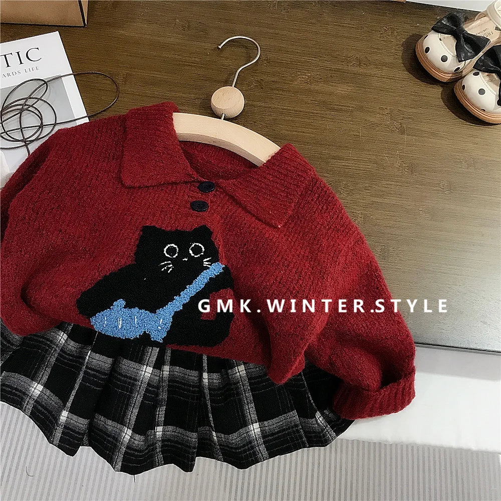Automne hiver enfants vêtements coton chat Jacquard col rabattu enfant fille pull costumes ample Plaid enfant en bas âge bébé fille jupes