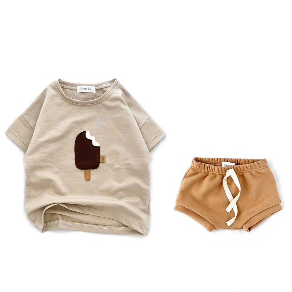 T-shirt à manches courtes en coton pour enfant, vêtement d'été pour bébé garçon et fille, avec impression de crème glacée et dessin animé