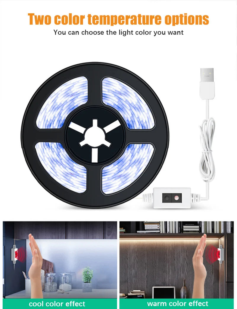LED Strip Light with Ripple Sensor and Hand Swipe, Backlighting for TV, Kitchen, Under Cabinet, DC 5V, USB 2835