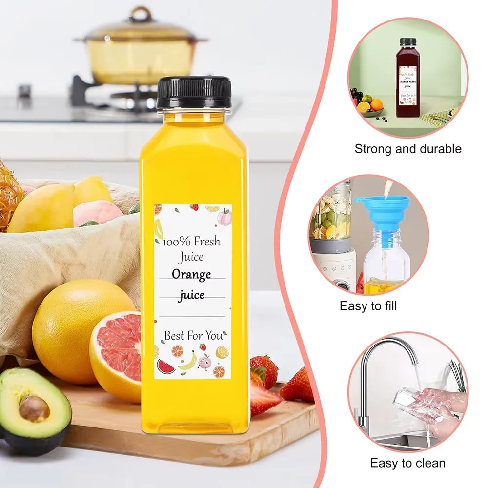 Bouteilles de jus de 500ML avec bouchons, bouteilles vides transparentes réutilisables avec entonnoir à brosse et étiquettes pour smoothies et autres boissons YY177