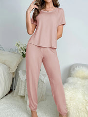 Pyjama à manches courtes pour femmes, nouveau style, pantalon élégant, décontracté, deux pièces, couleur unie, vêtements de maison