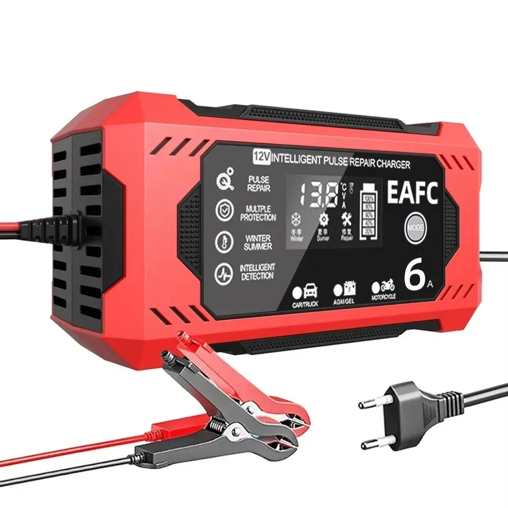 Chargeur de batterie de voiture, grand écran 6a 12V, dispositif de charge de batterie de voiture et de moto, batterie au plomb, réparation intelligente, écran LCD