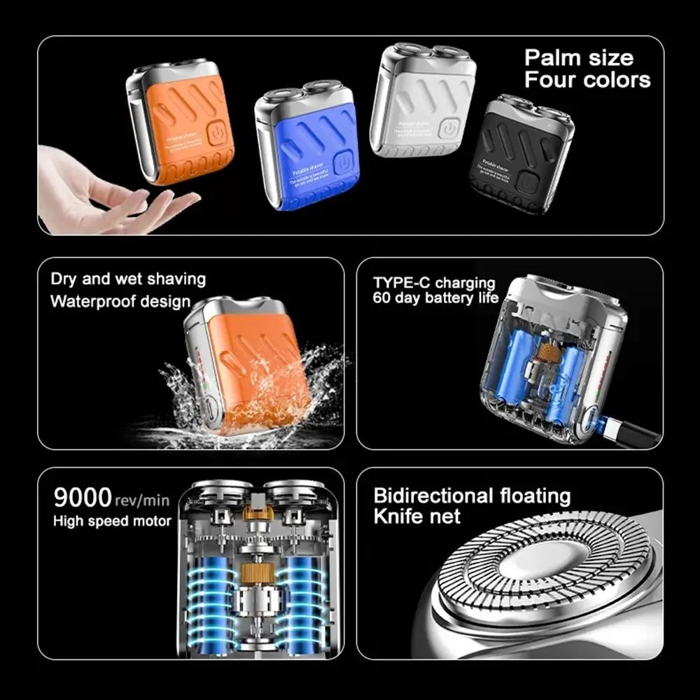 Mini Compact Electric Shaver for Men, Magnetic, Double Head, Portable, Rotary, Waterproof, 9000 Revolutions, Beard Trimmer for Dad