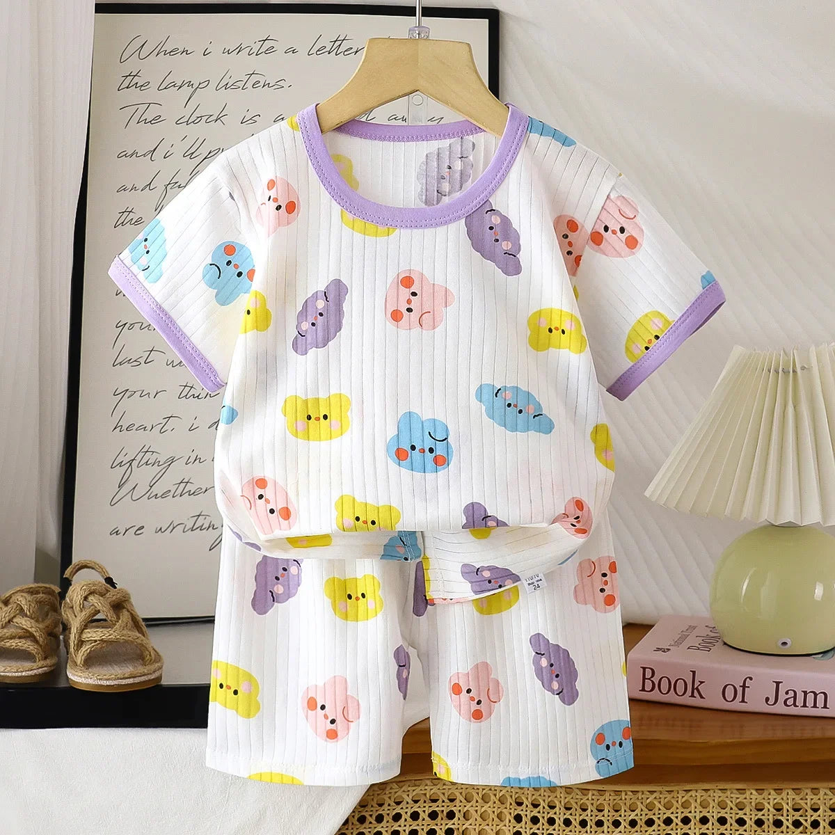 Ensemble de vêtements d'été en pur coton pour enfants, t-shirt à manches courtes avec Short, dessin animé mignon, pyjama décontracté pour bébés en bas âge