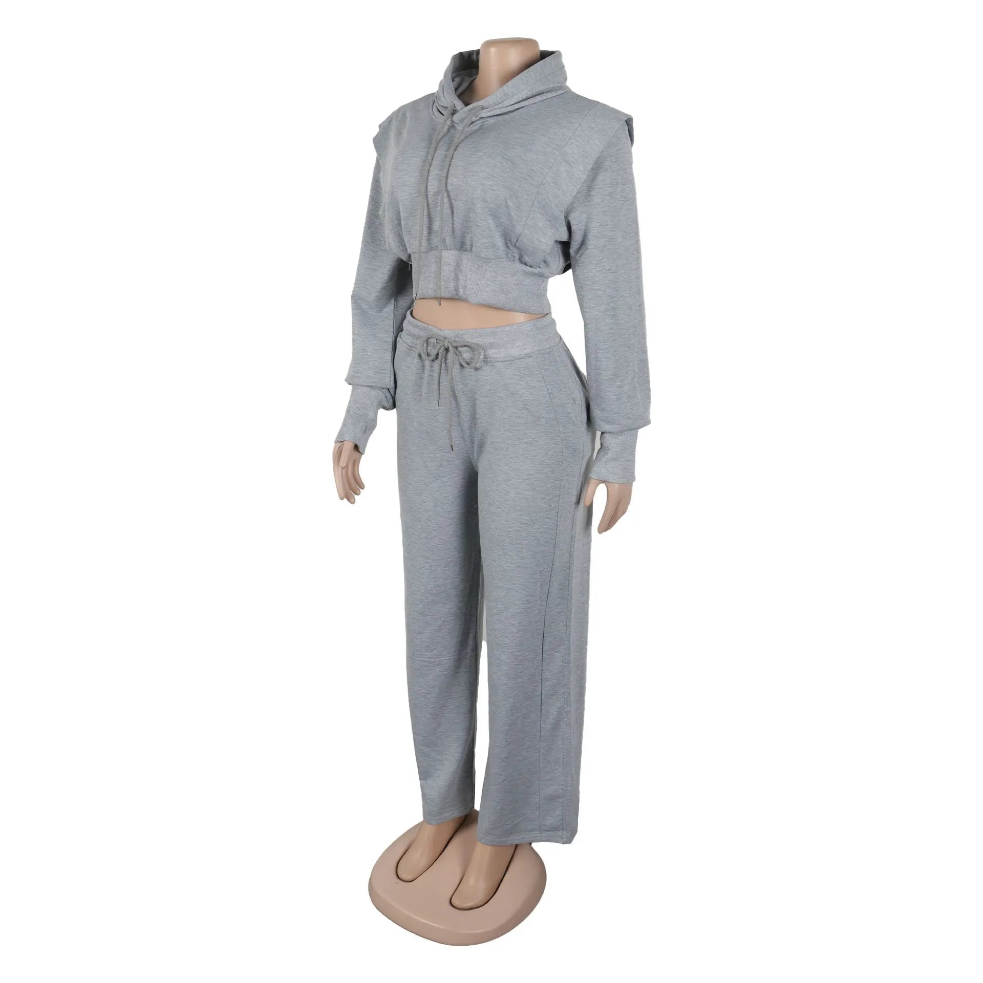 HLJ-Ensemble Deux Pièces Gris Décontracté pour Femme, Haut Court à Manches sulf, Pantalon à Jambes Larges, Survêtement Féminin