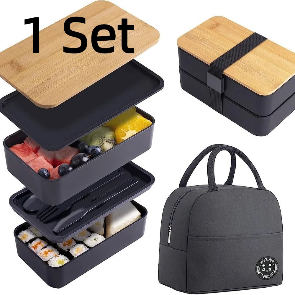 Boîte à Déjeuner Synchronisée avec Couvercle en Bois pour Pique-Nique, Micro-ondes, Bento Japonais, Portable, Double Couche, Récipient Alimentaire pour Enfants, 1200ml