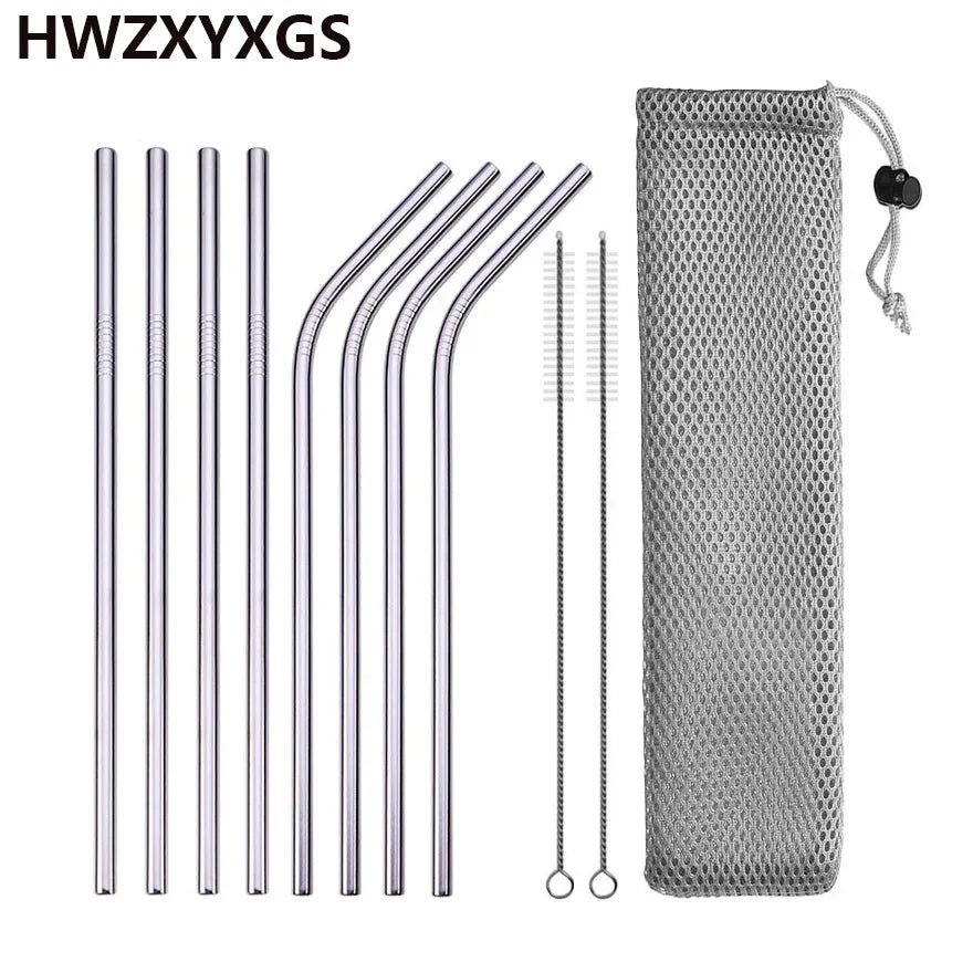 Paille à boire réutilisable en acier inoxydable 304, paille métallique droite et courbée avec pochette pour brosse de nettoyage, vente en gros