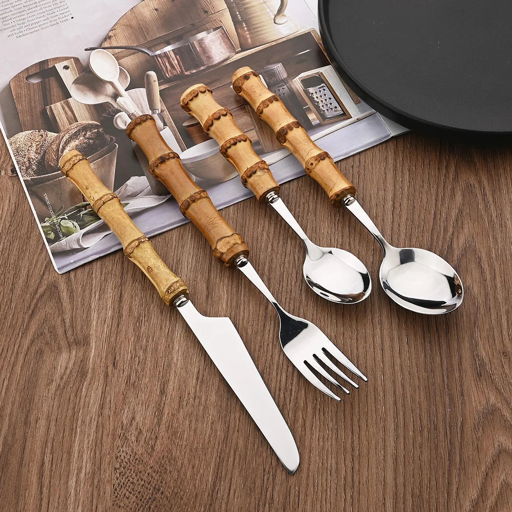 Couverts en acier inoxydable avec manche en bambou naturel, 24 pièces, service de table, couteau à steak