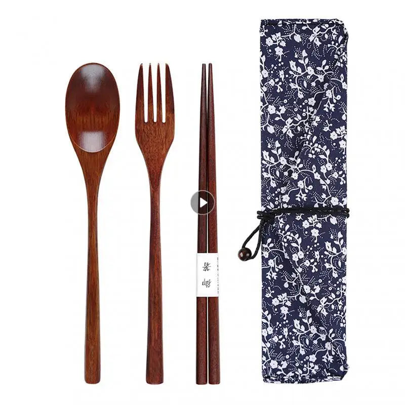 Ensemble de vaisselle en bois cuillère fourchette baguettes avec sac en tissu ensemble de couverts en bois vaisselle couverts fournitures ménagères portables