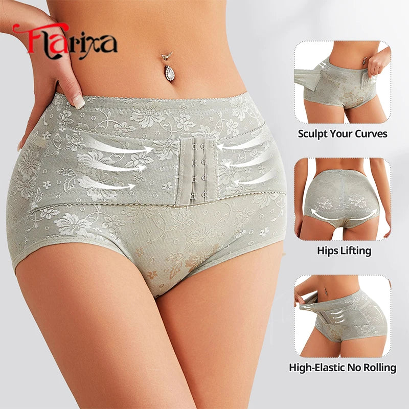 Flarixa dentelle taille formateur ventre contrôle culotte de sous-vêtements femmes bas Abdomen corps Shaper slips avec crochets respirant hanche ascenseur