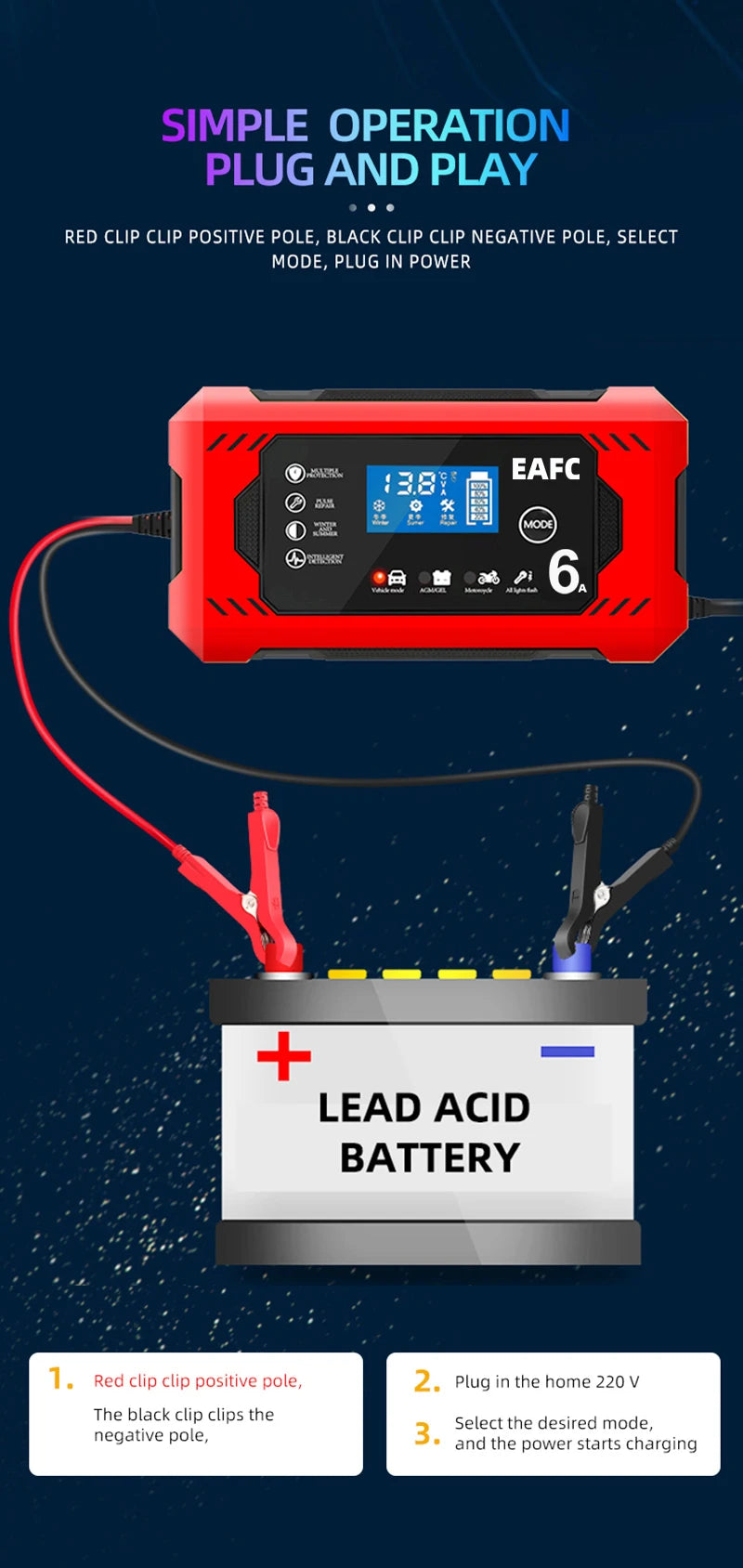 Chargeur de batterie de voiture, grand écran 6a 12V, dispositif de charge de batterie de voiture et de moto, batterie au plomb, réparation intelligente, écran LCD