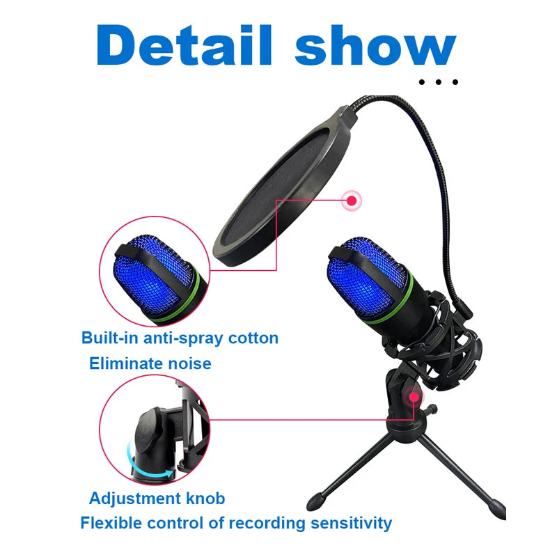 Microphone filaire à condensateur USB/RGB, 3.5mm, pour PC, ordinateur portable, jeu, Podcast, Studio, professionnel, Anti-blocage, pour bureau