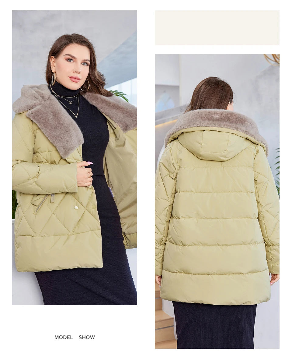 HaiLuoZi-Veste Courte à Capuche avec Fourrure pour Femme, Vêtement d'Hiver de Grande Taille, Design de Matelassage Indépendant, Grandes Poches, Combiné 2023, Nouvelle Collection 1163