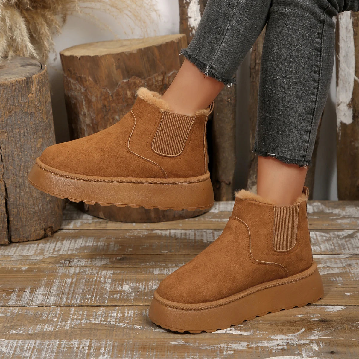 Hiver court en peluche chaud femmes bottes de neige décontracté chaussures à semelles épaisses nouvelle peau de daim Chelsea bottines plates femmes Chelsea bottes