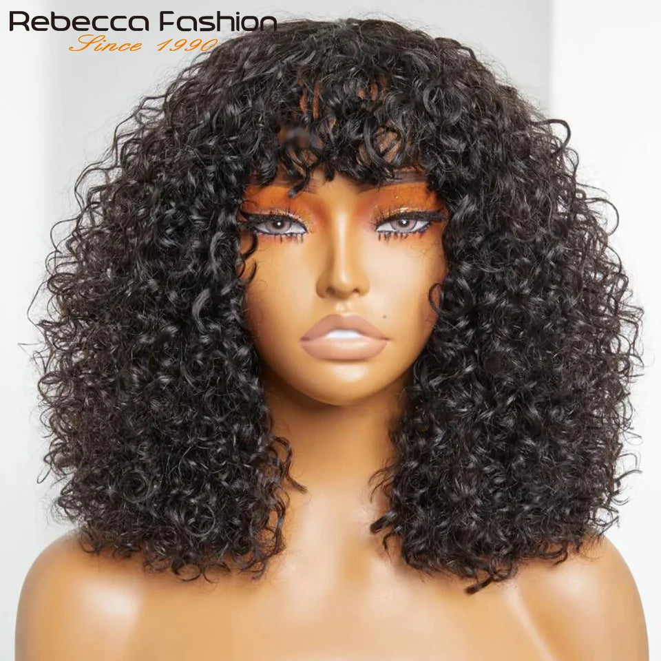 Perruques de cheveux humains Pixie Cut Bob avec frange pour femme, perruque pleine machine bouclée, surbrillance, couleur blond miel, court, caution