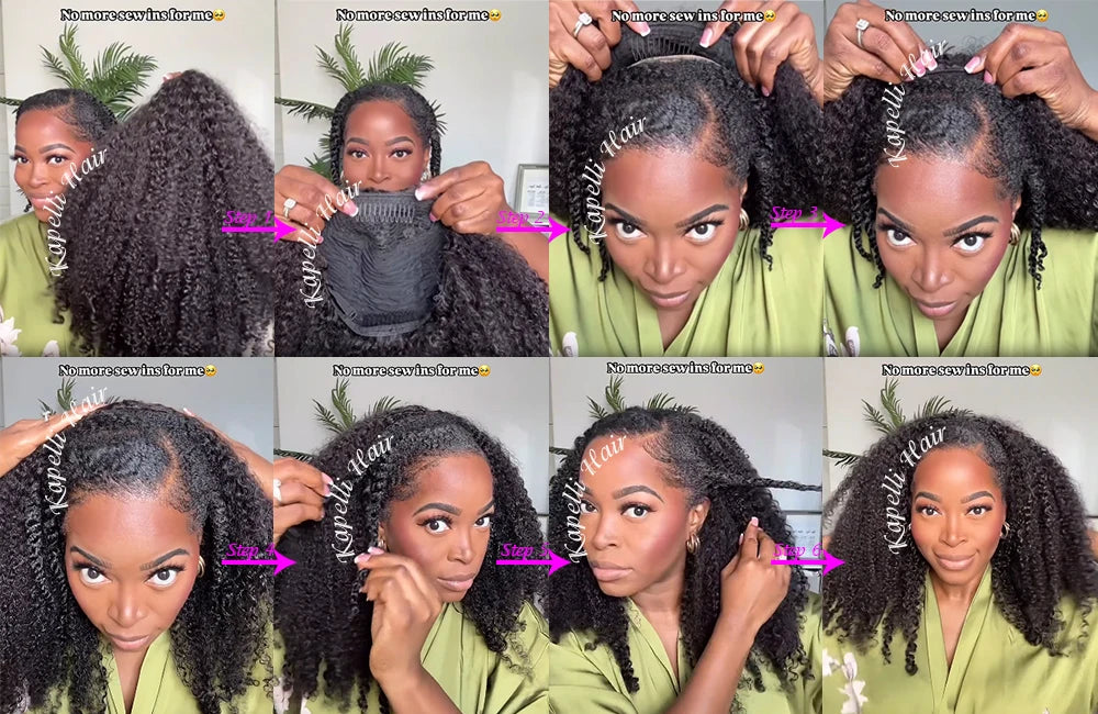 Demi-perruque cheveux humains crépus bouclés sans colle perruque cheveux humains prêt à porter 3 en 1 demi perruque avec cordon 250 densité bouclée demi-perruque
