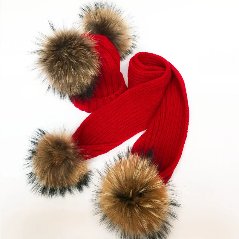 Parent-enfant chapeaux d'hiver mignon bébé fourrure Pompon chapeau écharpe ensembles réel naturel fourrure boule casquettes mère enfants chaud tricoté chapeaux hiver Bea